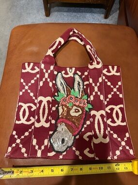 NWOT! Embroidered sequin Donkey Tote Bag - Burgundy Floral Accent